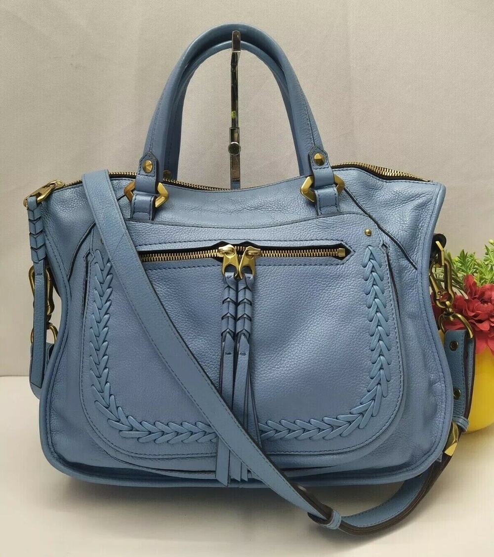 orYANY Sky Blue Pebbled Leather Tassel Zipper Closure Satchel Bag- MSRP $242